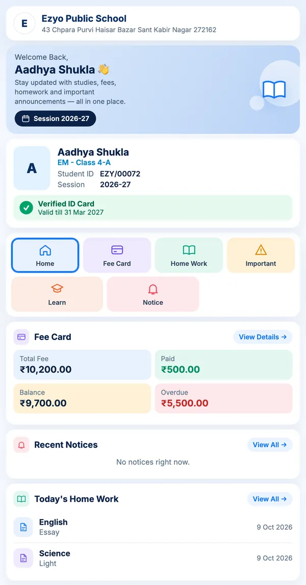 Student page that opens after scanning the ID card QR: student details, verified ID card, fee card with total, paid, balance and overdue, notices and today's homework